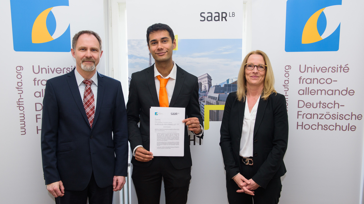 Herr Olivier Mentz, Vizepräsident der DFH, Herr Christophe Pfeifer und Frau Katrin Spelz, Leiterin der Personalabteilung bei der SaarLB